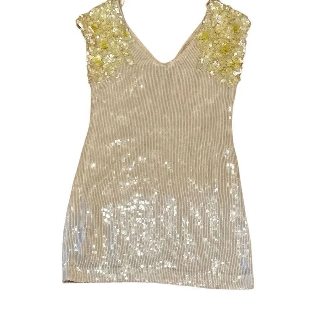 Rare Free People Icy Citrus Dress, Sz 4 ivory, yellow sequins Retail 500 mini